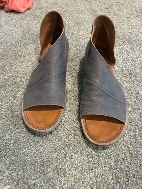 Free People Open-Toe Leather Ankle Booties in Gray and Tan